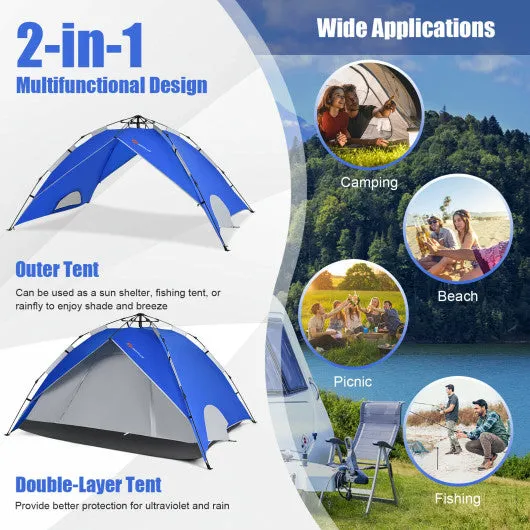 2-in-1 4 Person Instant Pop-up Waterproof Camping Tent-Blue