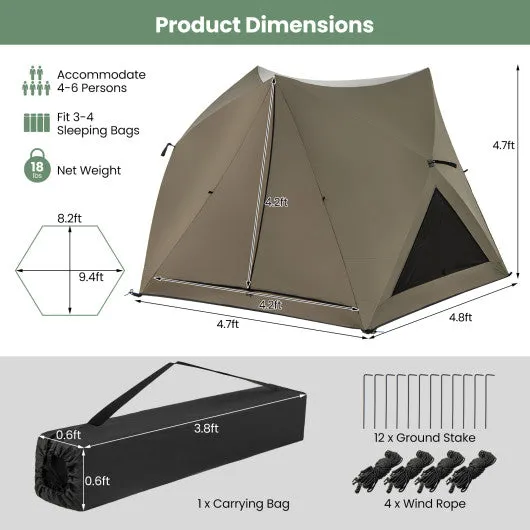 6-Sided Pop-up Family Tent with Rainfly  Skylight  3 Doors  3 Windows-Green