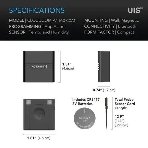 AC Infinity Cloudcom A1 Mini Smart Thermo-Hygrometer   12ft External Sensor (AC-CCA1)