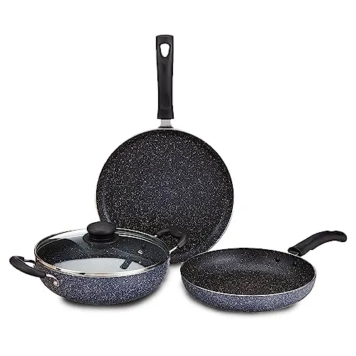 Amazon Brand - Solimo Aluminium 4 Piece Non-Stick Cookware Set | Granite Finish | Induction Base | Pfoa Free | HTR Exterior Coating | 25Cm Tawa, 22 Cm Kadai, 22Cm Fry Pan, 1 Glass Lid | Grey