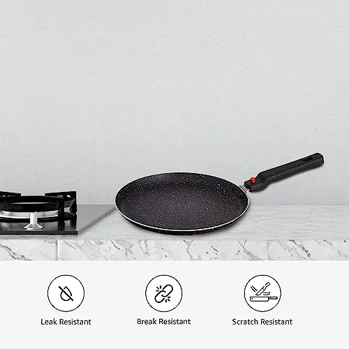 Amazon Brand - Solimo Aluminium Non-Stick Dosa Tawa with Detachable Handle| Granite Finish | Induction Base | Pfoa Free | High Temperature Resistant Exterior Coating | 25 Cm | Black