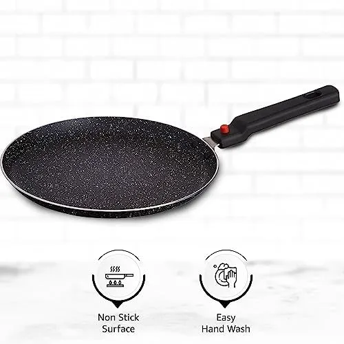 Amazon Brand - Solimo Aluminium Non-Stick Dosa Tawa with Detachable Handle| Granite Finish | Induction Base | Pfoa Free | High Temperature Resistant Exterior Coating | 25 Cm | Black