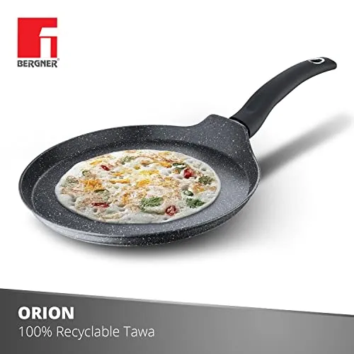 Bergner Orion NonStick 28 cm Tawa/ Dosa Pan, 100% Recyclable, For Low Oil Paratha/Dosa/Uttapam/Pancake/ Crepe/Eggs/Toasts, Textured Soft Touch Handle, Granite Finish, Induction & Gas ready, 1-Year Warranty