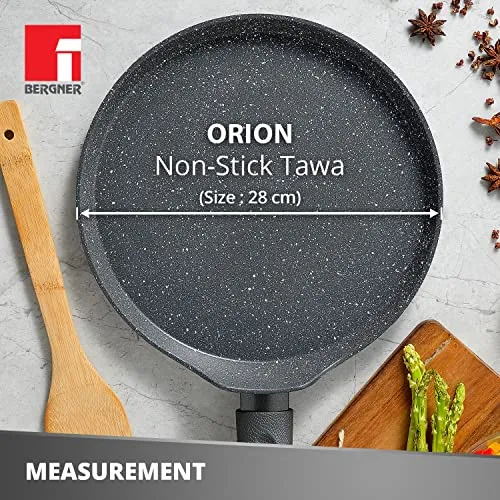 Bergner Orion NonStick 28 cm Tawa/ Dosa Pan, 100% Recyclable, For Low Oil Paratha/Dosa/Uttapam/Pancake/ Crepe/Eggs/Toasts, Textured Soft Touch Handle, Granite Finish, Induction & Gas ready, 1-Year Warranty