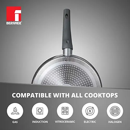 Bergner Orion NonStick 28 cm Tawa/ Dosa Pan, 100% Recyclable, For Low Oil Paratha/Dosa/Uttapam/Pancake/ Crepe/Eggs/Toasts, Textured Soft Touch Handle, Granite Finish, Induction & Gas ready, 1-Year Warranty