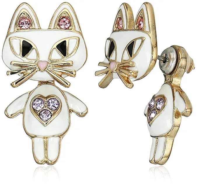 Betsey Johnson Gold-Tone White Enamel Cat Jacket Earring Front/Back