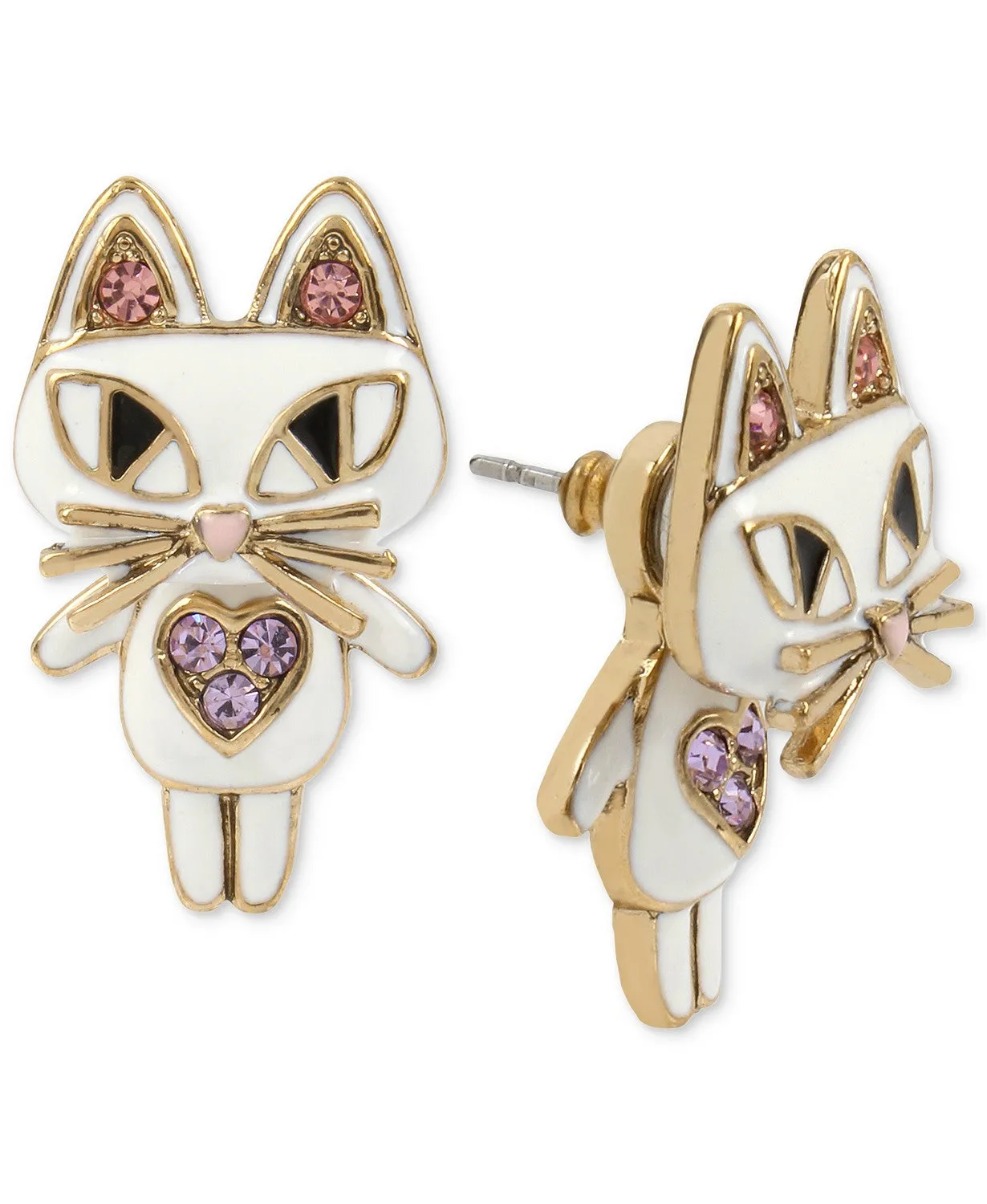 Betsey Johnson Gold-Tone White Enamel Cat Jacket Earring Front/Back