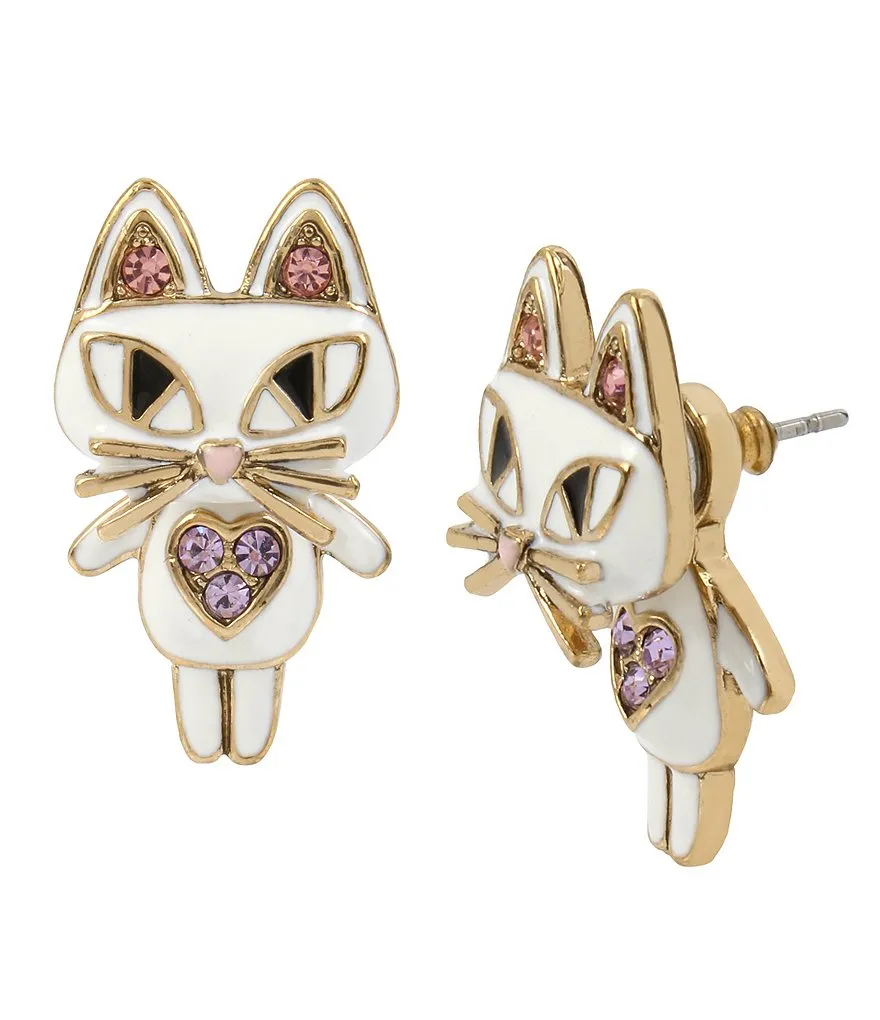 Betsey Johnson Gold-Tone White Enamel Cat Jacket Earring Front/Back