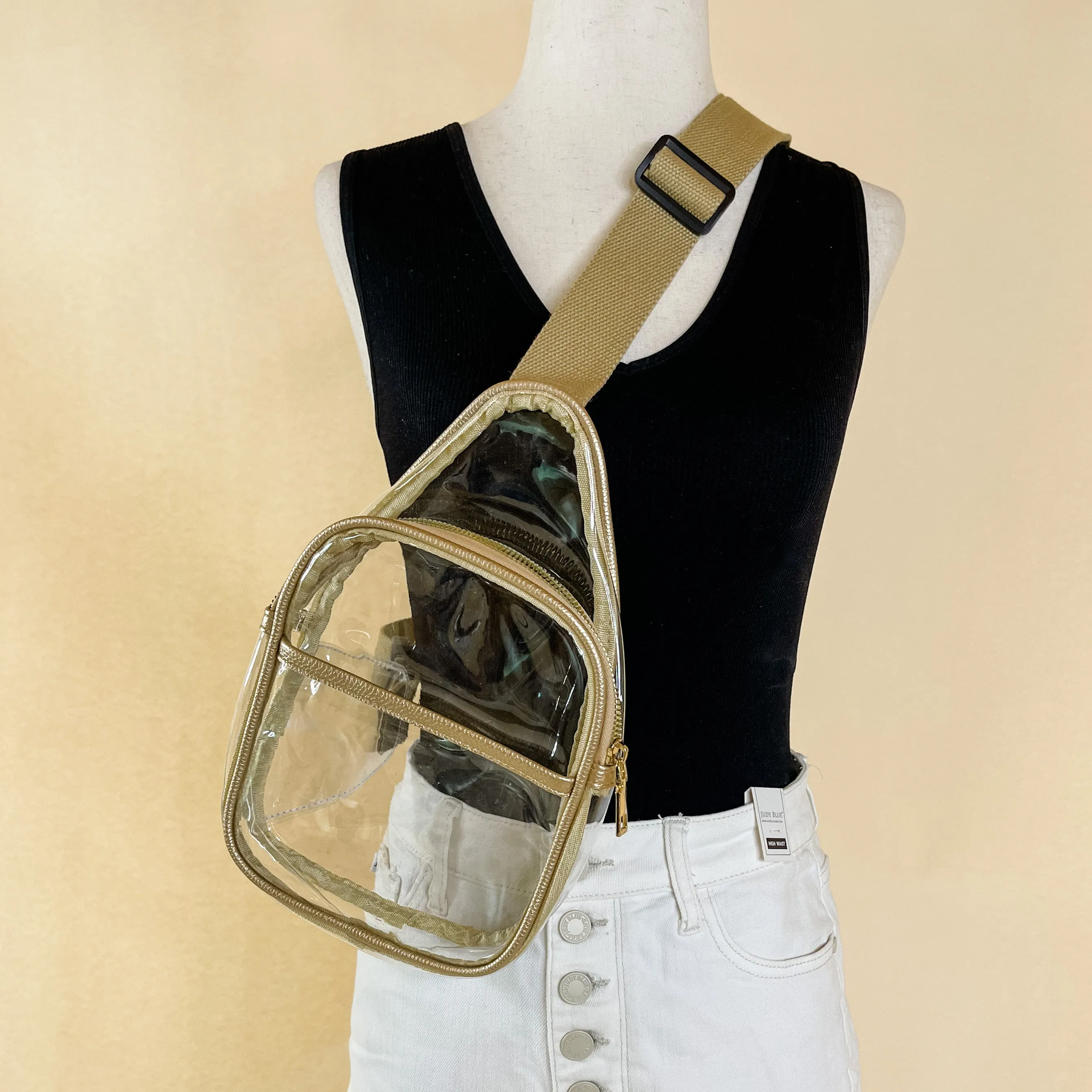 Clear Sling Backpack with a Gold Outline