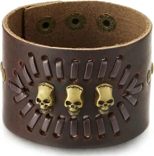 COOLSTEELANDBEYOND Punk Bracelet, Wide Brown Leather Wristband Bracelet with Skulls and Rivets, Men Women Gothic Rock