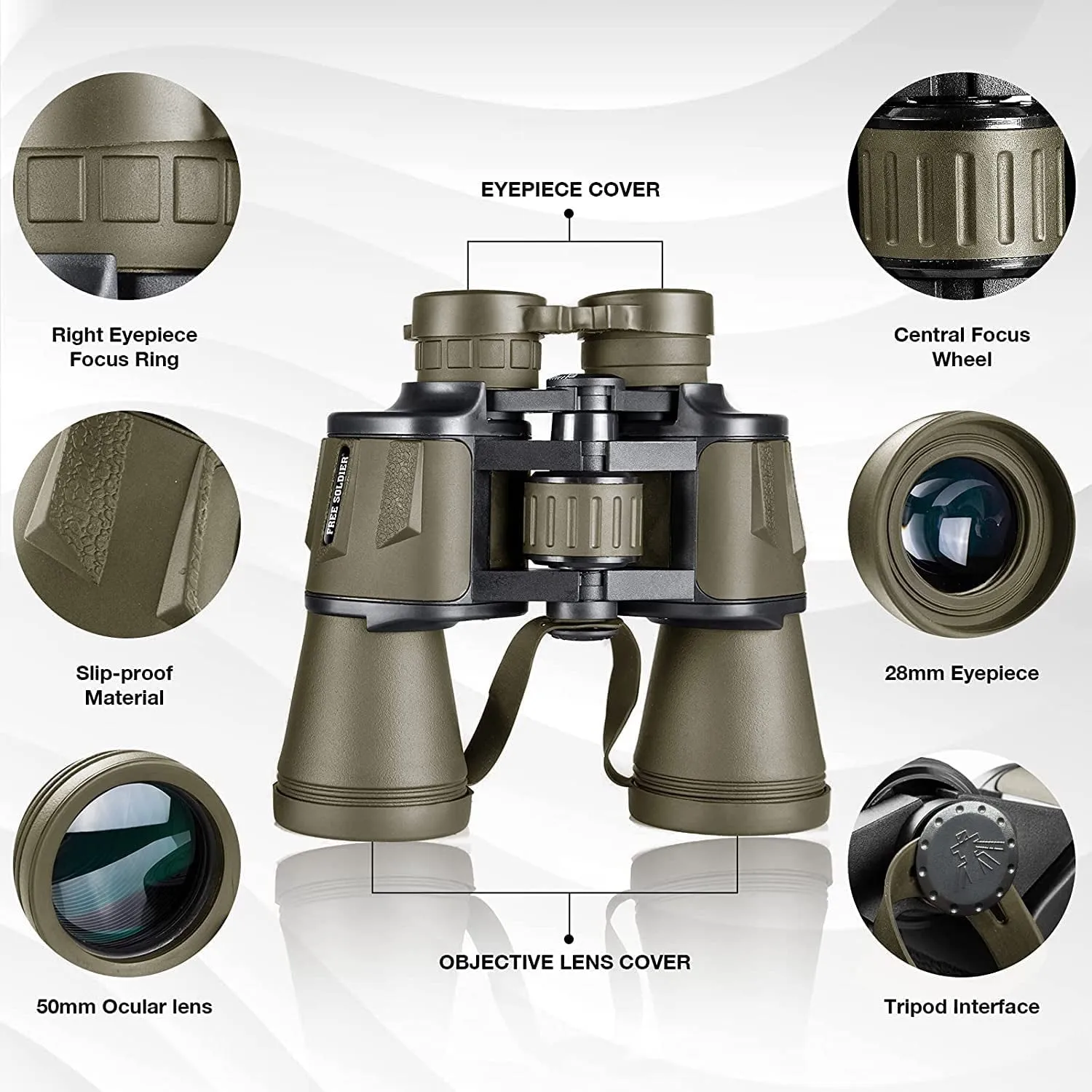 FREE SOLDIER 20X50 Military Binoculars for Adults with Smartphone Adapter - Compact Waterproof Tactical Binoculars for Bird Watching Hunting Hiking Concert Travel Theater with BAK4 Prism FMC Lens, Mud