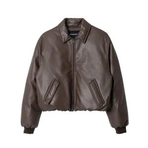 Leather padding bomber jacket brown