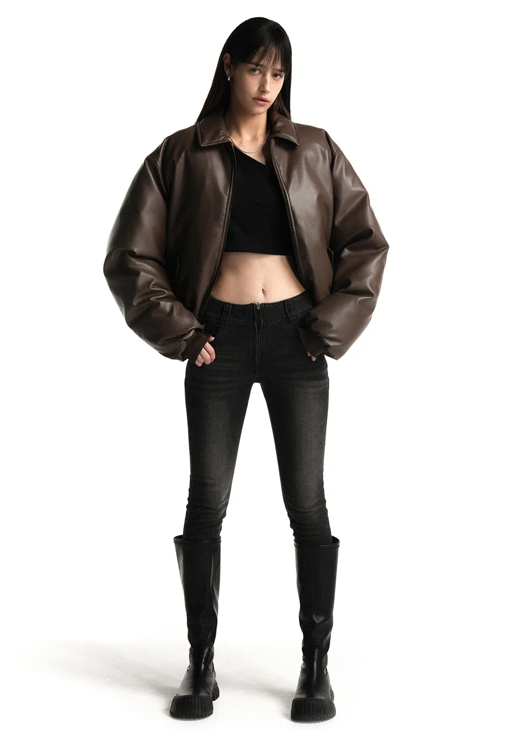 Leather padding bomber jacket brown