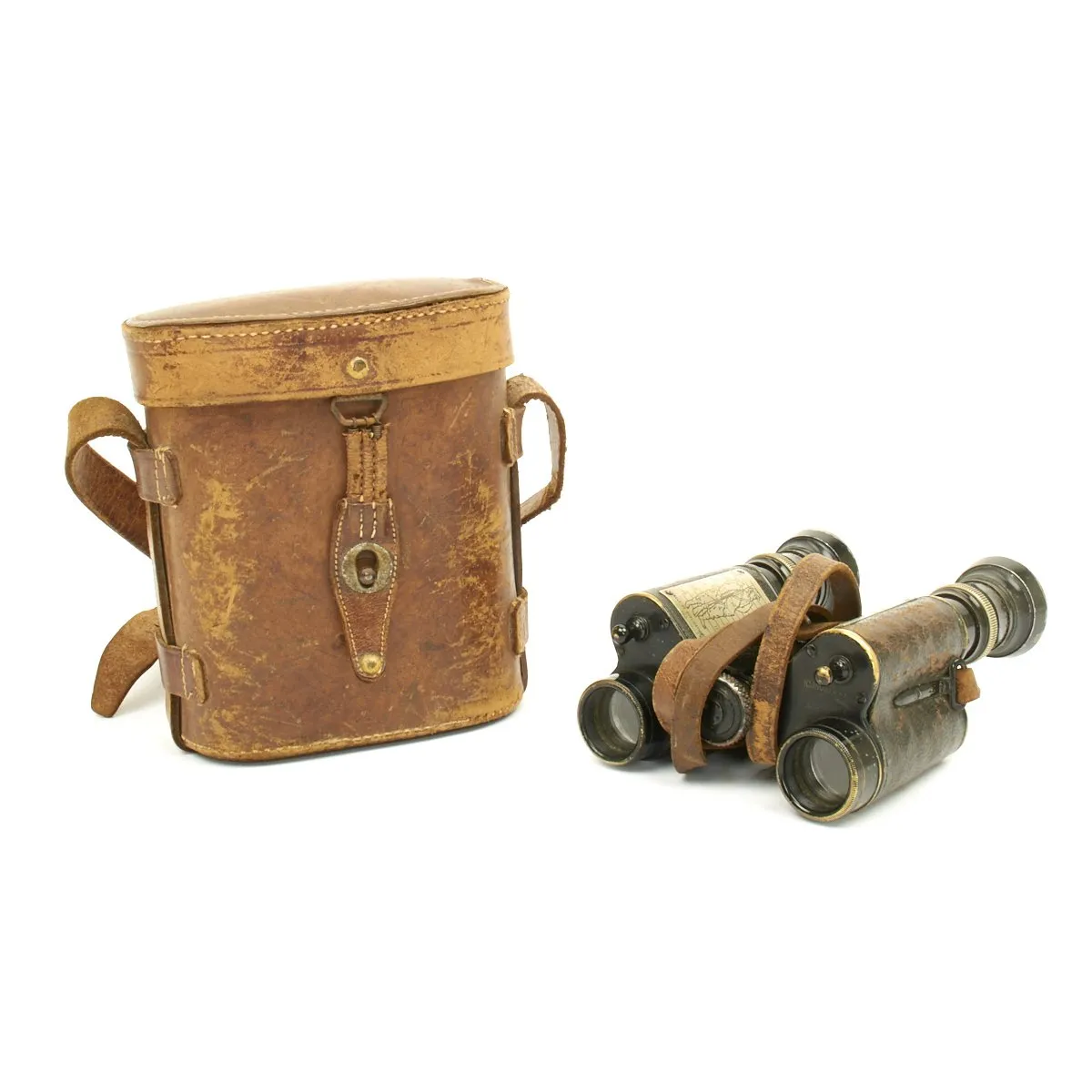 Original French WWI Military Binoculars with attached Ranging Tables in Case - circa 1915