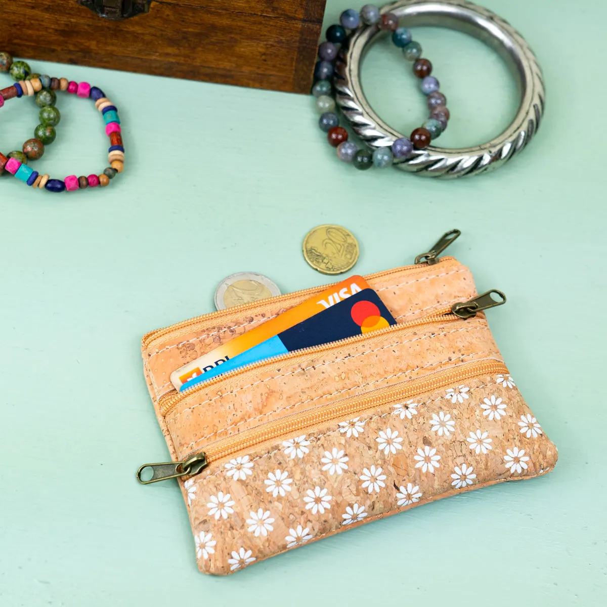 Printed Cork Mini Coin Purse with Three Zipper Pockets BAGP-038 (5units)