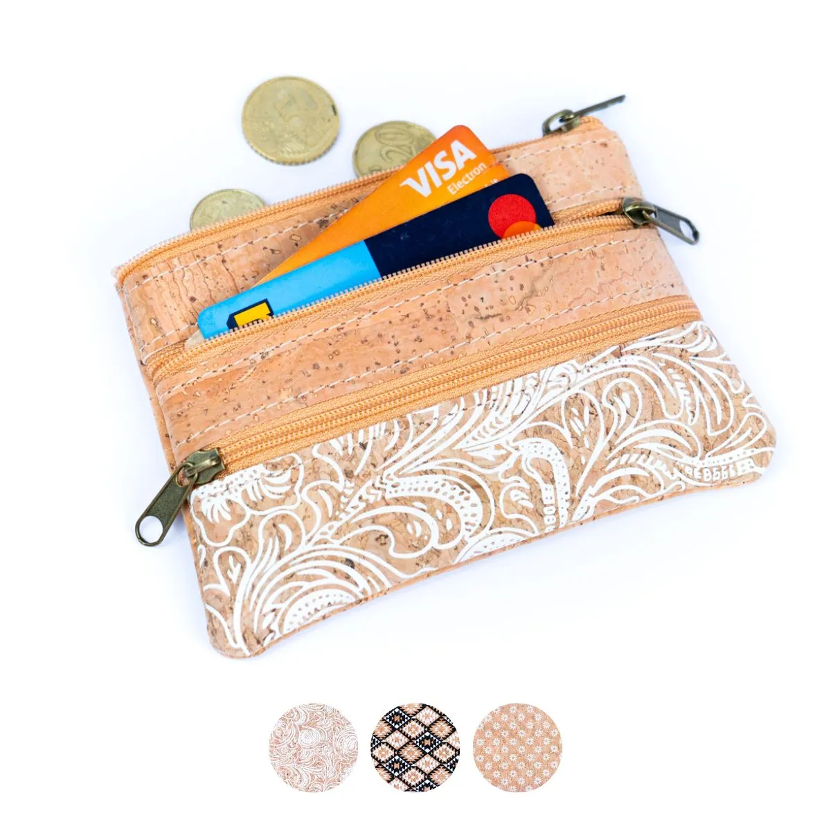 Printed Cork Mini Coin Purse with Three Zipper Pockets BAGP-038 (5units)