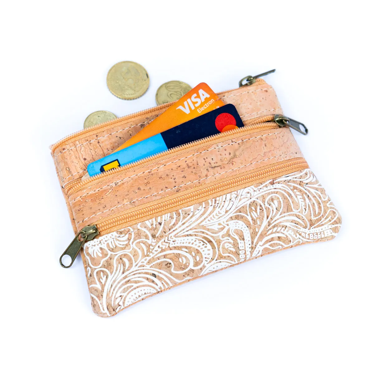 Printed Cork Mini Coin Purse with Three Zipper Pockets BAGP-038 (5units)