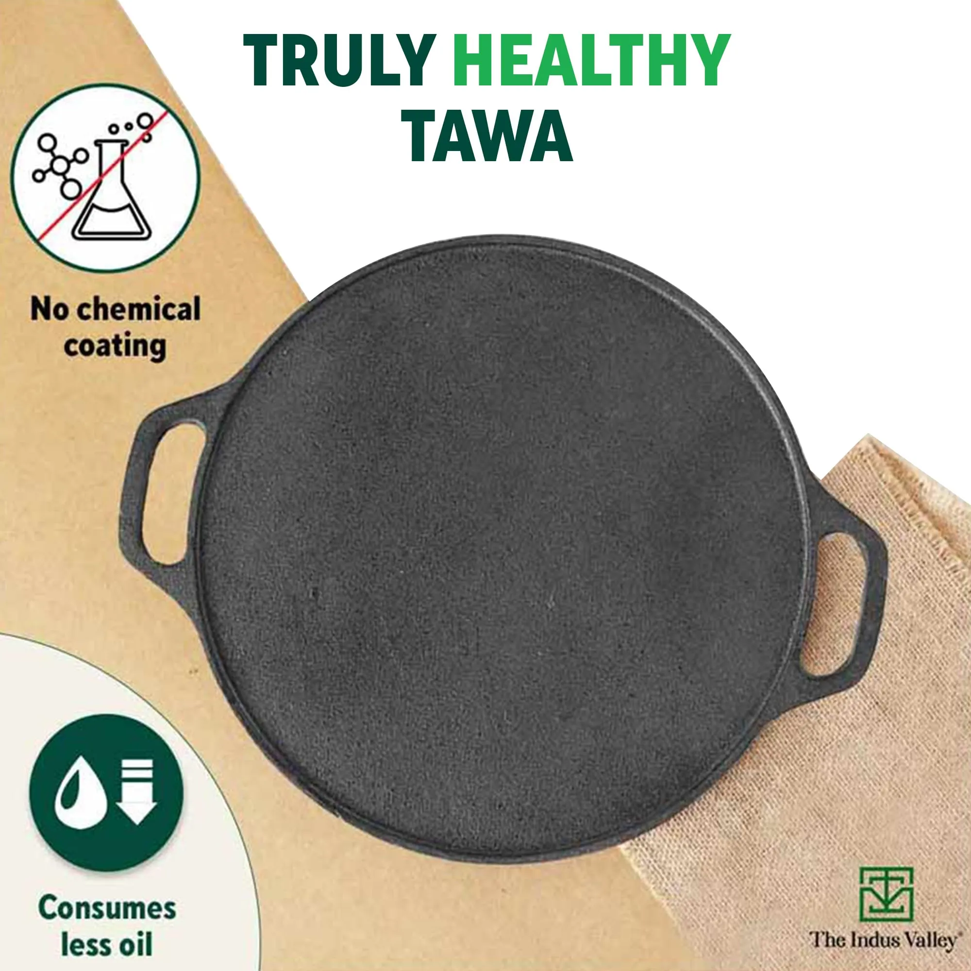 The Indus Valley Pre-Seasoned Cast Iron Tawa for Dosa/Chapathi | 30.2cm/11.8 inch, 2.4kg | Induction Friendly | Nonstick, Pre-Seasoned Tawa, 100% Pure & Toxin-Free, No Chemical Coating, Black