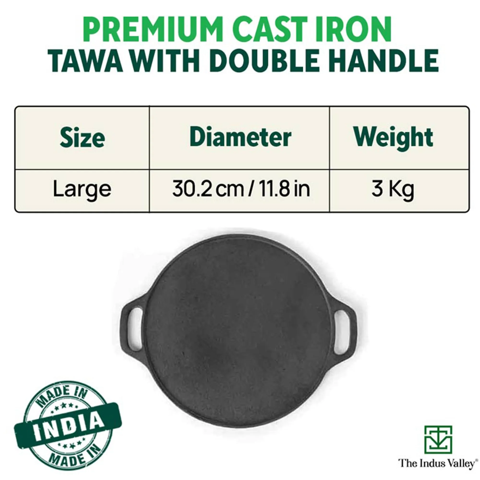 The Indus Valley Pre-Seasoned Cast Iron Tawa for Dosa/Chapathi | 30.2cm/11.8 inch, 2.4kg | Induction Friendly | Nonstick, Pre-Seasoned Tawa, 100% Pure & Toxin-Free, No Chemical Coating, Black