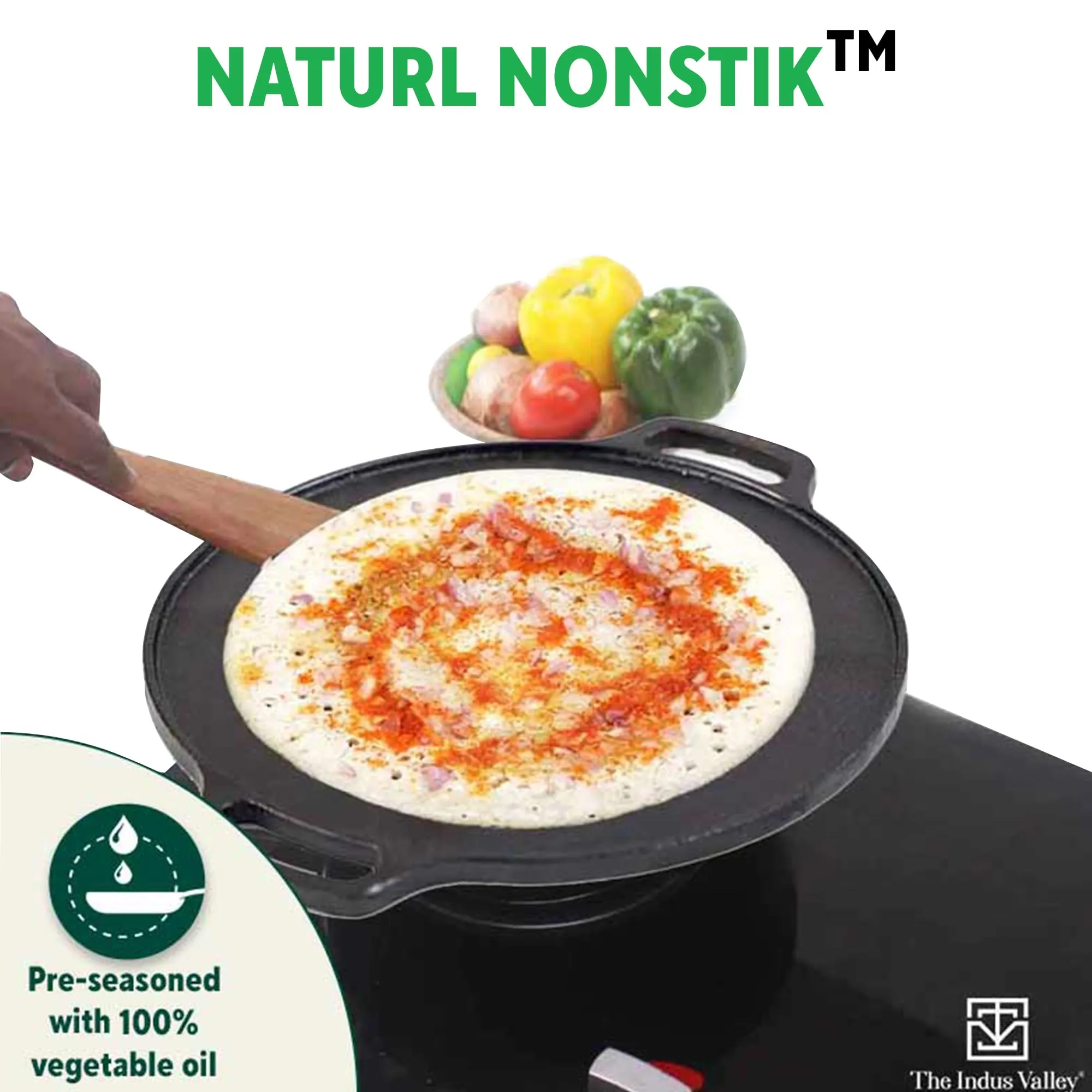 The Indus Valley Pre-Seasoned Cast Iron Tawa for Dosa/Chapathi | 30.2cm/11.8 inch, 2.4kg | Induction Friendly | Nonstick, Pre-Seasoned Tawa, 100% Pure & Toxin-Free, No Chemical Coating, Black