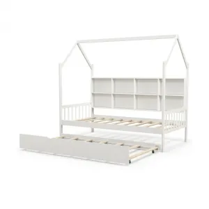 Twin Size Kids Montessori Daybed with Roof and Shelf Compartments