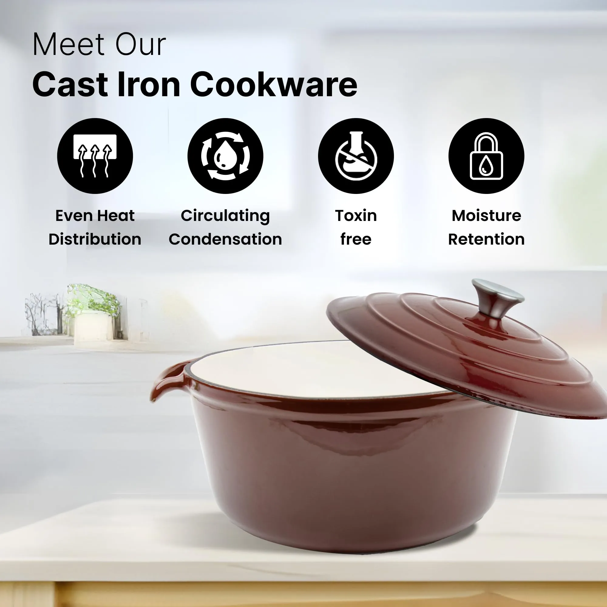 UMAI Cast Iron Dutch Oven (4 L) | Enamel Coated Biryani Handi Pot Heavy Bottom | Enamel Cookware | Handi With Lid For Cooking | Rust Proof Iron Pot | Gas & Induction Cookware (Brown)