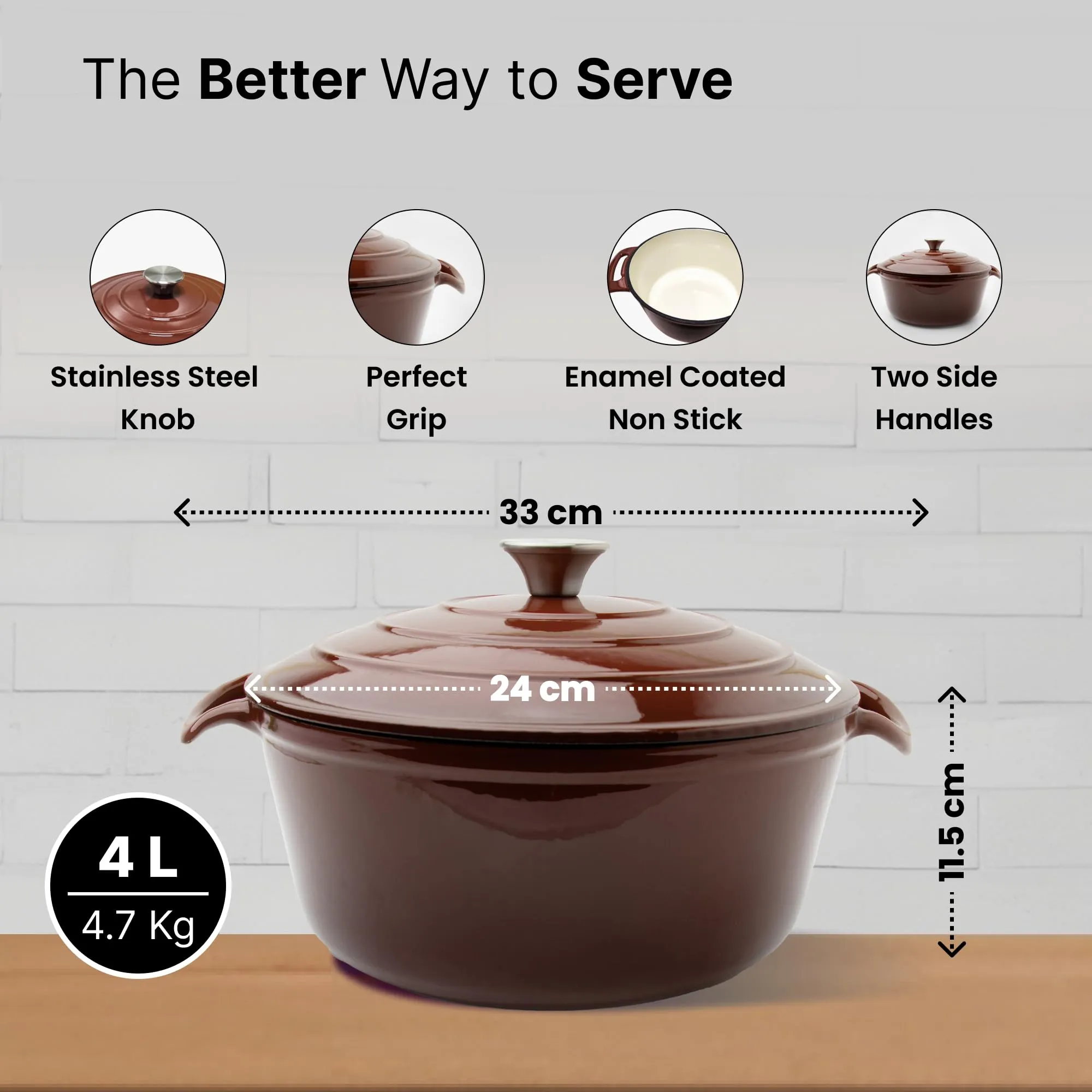 UMAI Cast Iron Dutch Oven (4 L) | Enamel Coated Biryani Handi Pot Heavy Bottom | Enamel Cookware | Handi With Lid For Cooking | Rust Proof Iron Pot | Gas & Induction Cookware (Brown)