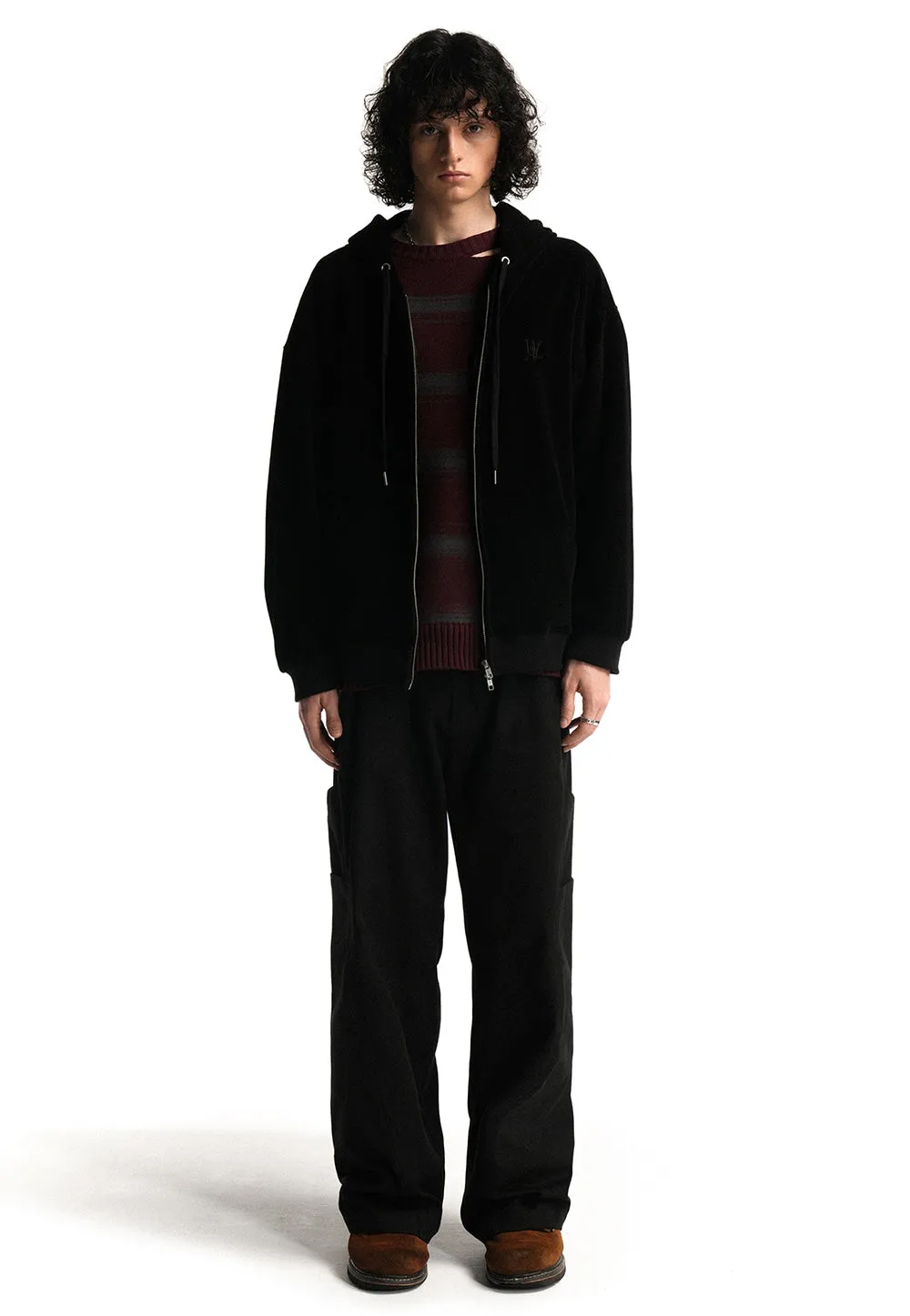 Velour corduroy hood zip-up black